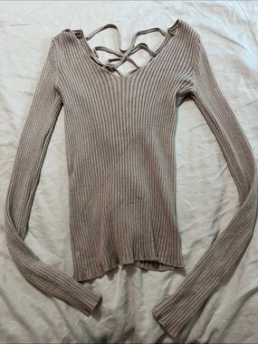 Ambiance Taupe Ribbed V-Neck Sweater with Back Strap Detail